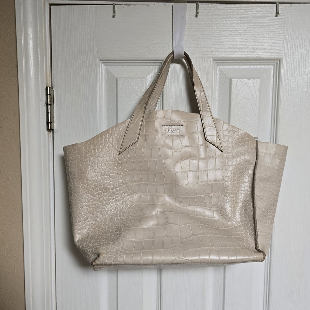 Furla Croc Embossed Leather Tote Bag Large Ivory Cream Italy Shoulder Shopper...